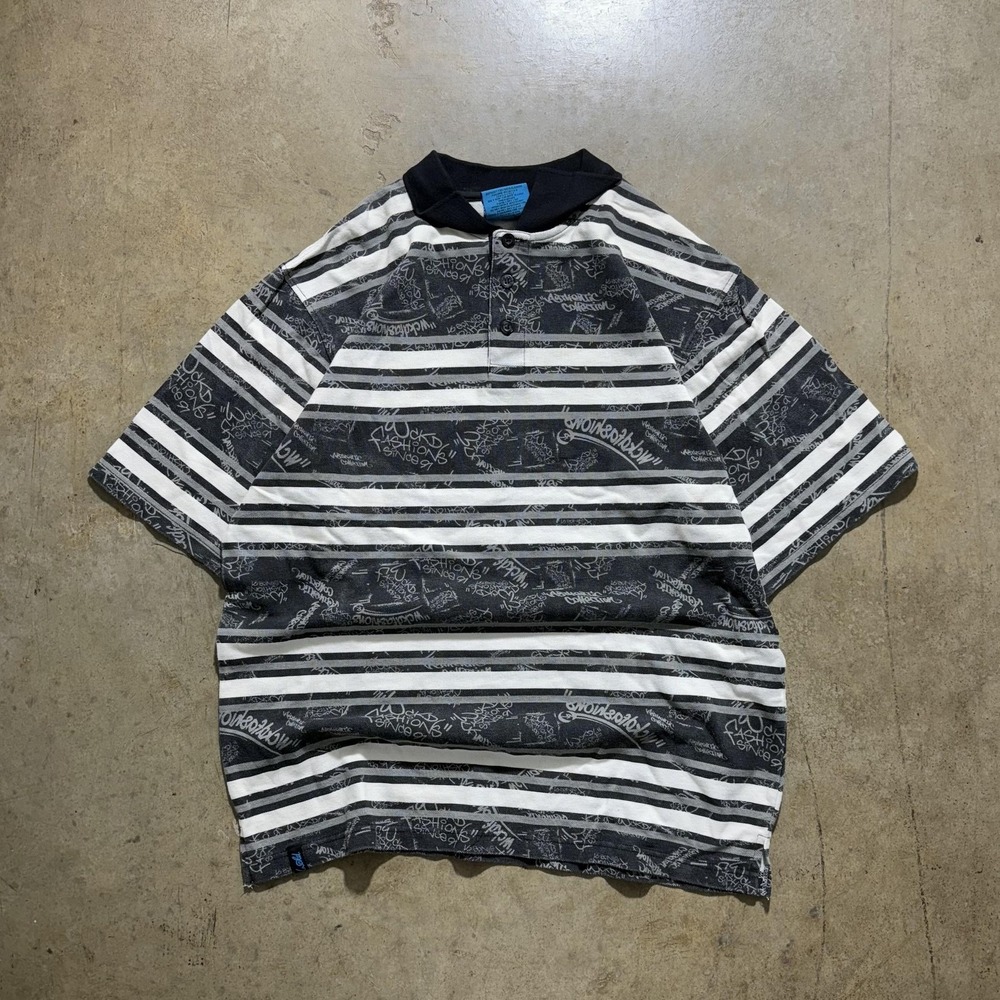 Vintage World Polo Shirt Mens Medium Gray Stripe Logo Authentic Collection 90s